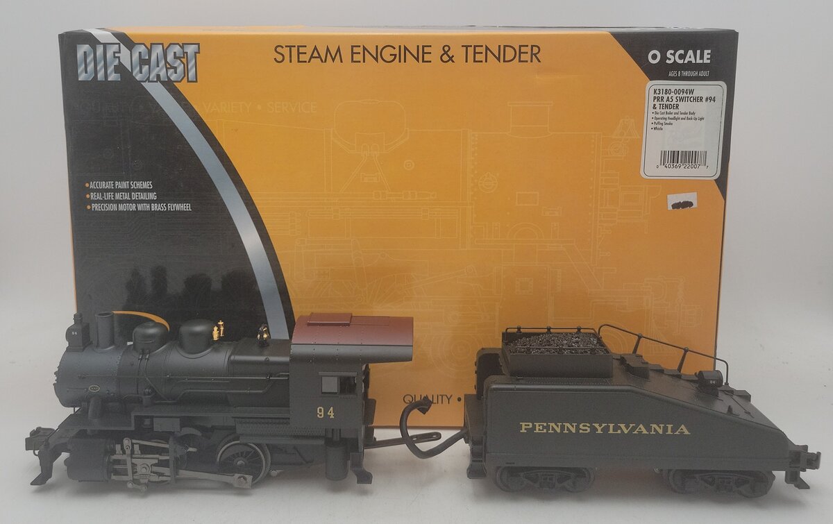 K-Line K3180-0094W O Gauge Pennsylvania RR A5 Steam Locomotive & Tender #94 EX/Box