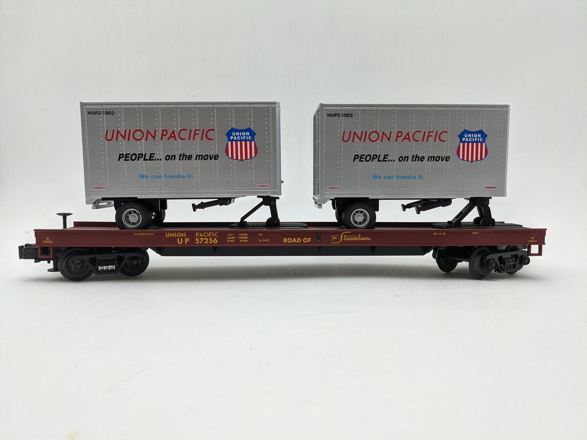 MTH 20-98107 O Gauge Union Pacific Flatcar w/2 Short Trailers #57256 VG