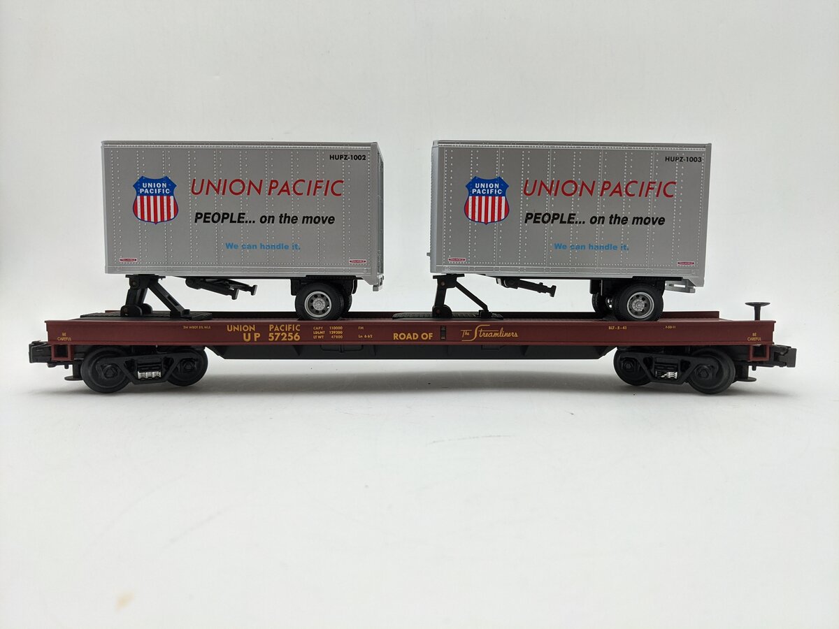 MTH 20-98107 O Gauge Union Pacific Flatcar w/2 Short Trailers #57256 VG