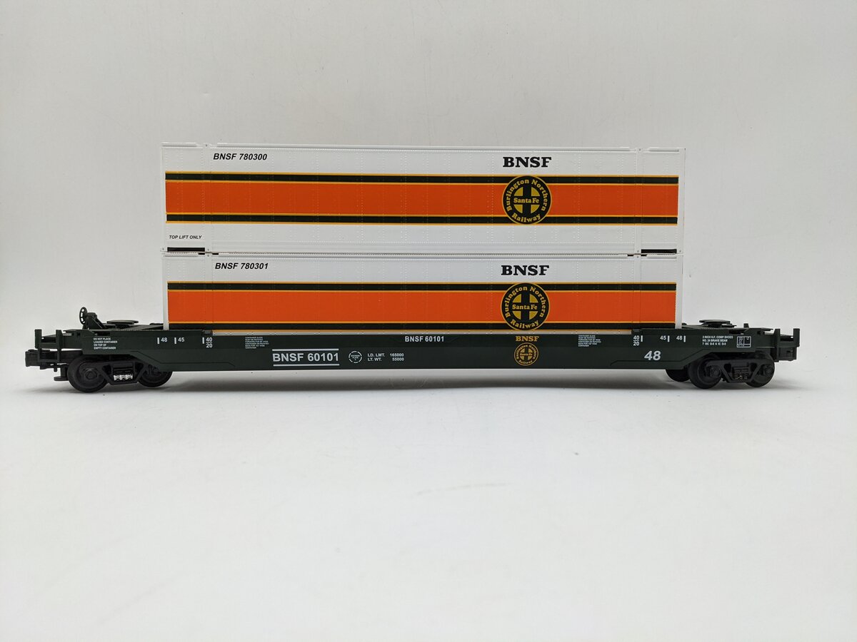 MTH 20-95005 O Gauge BNSF Husky Stack Car w/ Containers #60101 EX