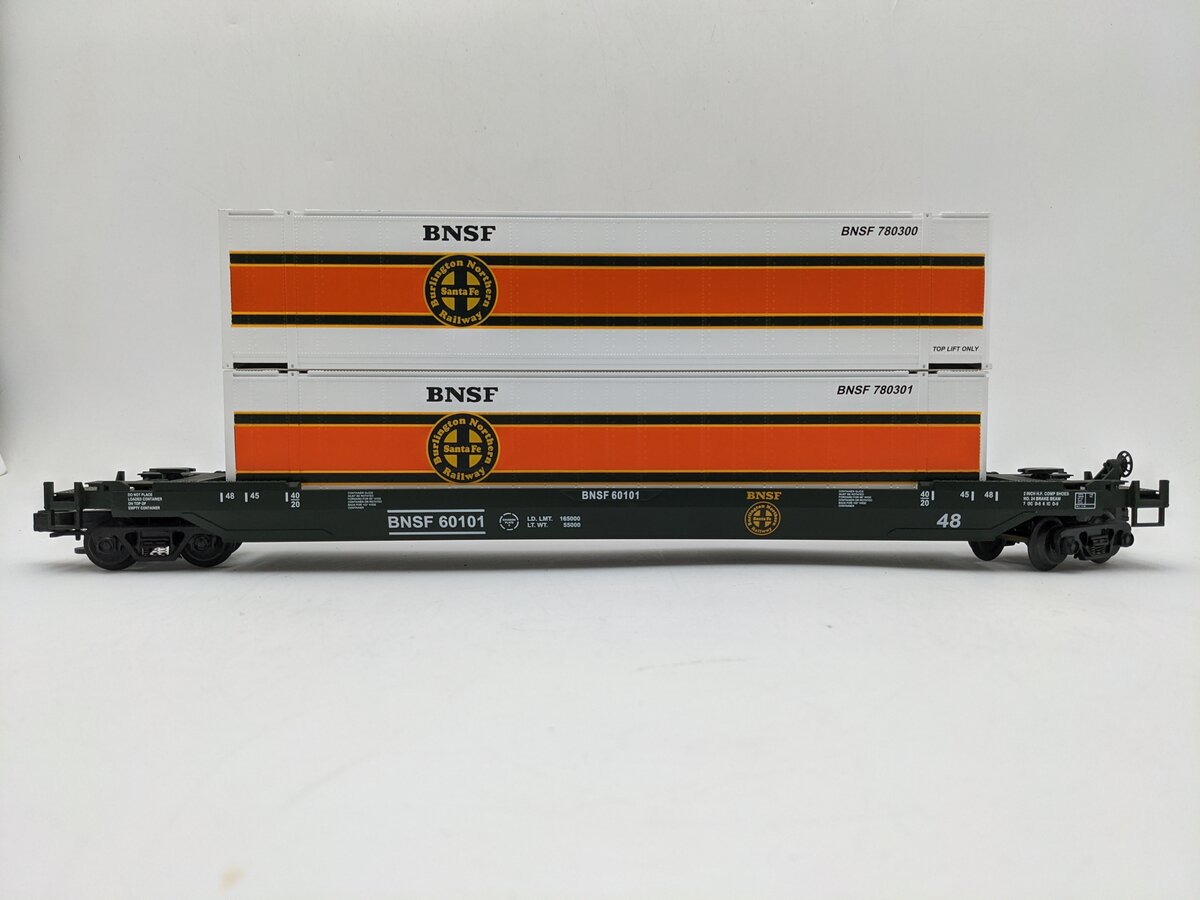 MTH 20-95005 O Gauge BNSF Husky Stack Car w/ Containers #60101 EX