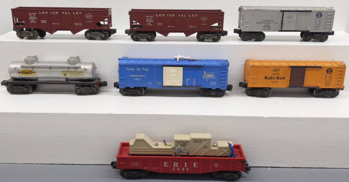 Lionel O Gauge Vintage Freight Cars #2465,X3454,25000,25000,X2454,3424,3444 [7] VG