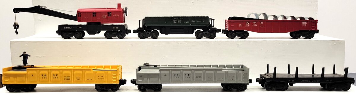 Lionel Vtg. O Assorted Freight Cars:3562-50, 6560, 3451, 6342, 3562-25, 3459 [6] VG