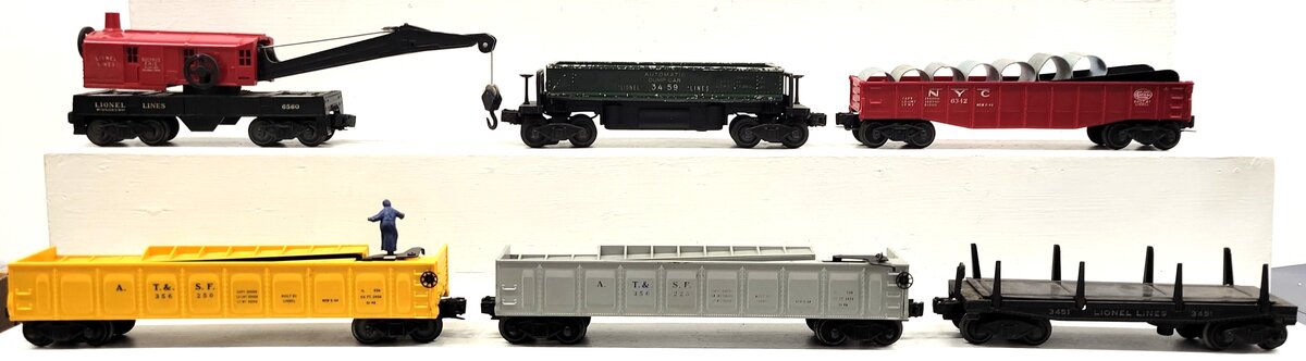 Lionel Vtg. O Assorted Freight Cars:3562-50, 6560, 3451, 6342, 3562-25, 3459 [6] VG