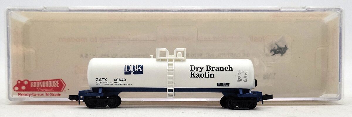 Roundhouse 8382 N Scale Dry Branch Kaolin 50' Modern Tank Car #40643 LN/Box