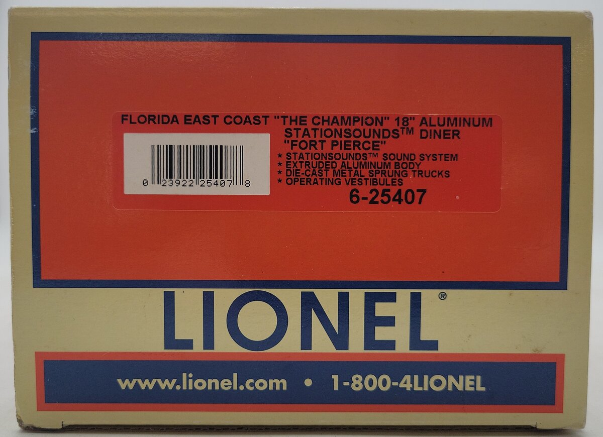 Lionel 6-25407 O Gauge FEC "Fort Pierce" Aluminum Diner Car w/ Stationsounds EX/Box