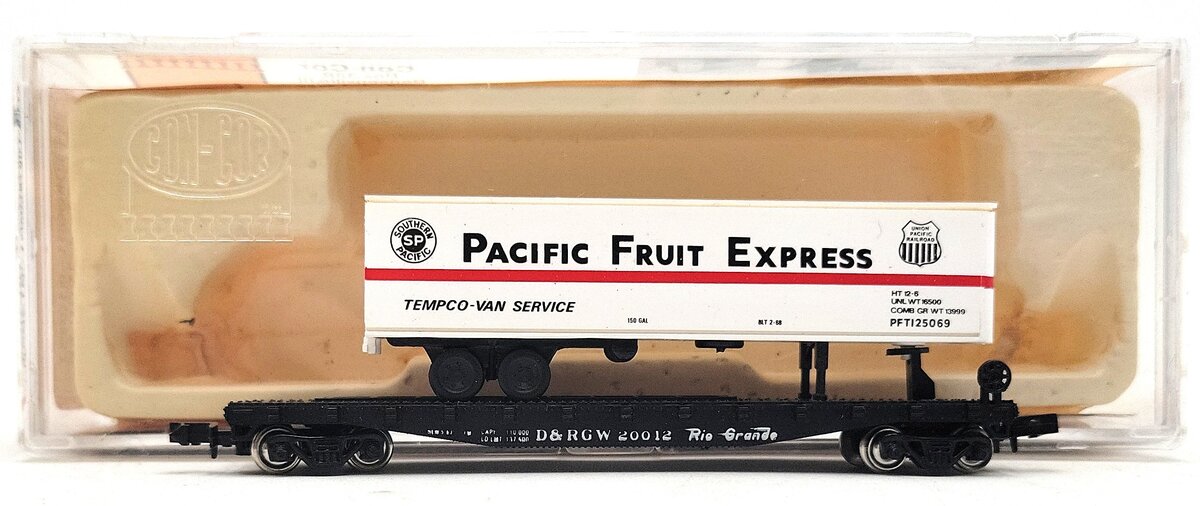 Con-Cor 0001-01205J N Scale DRGW Flat Car w/ PFE Trailer #20012 LN/Box