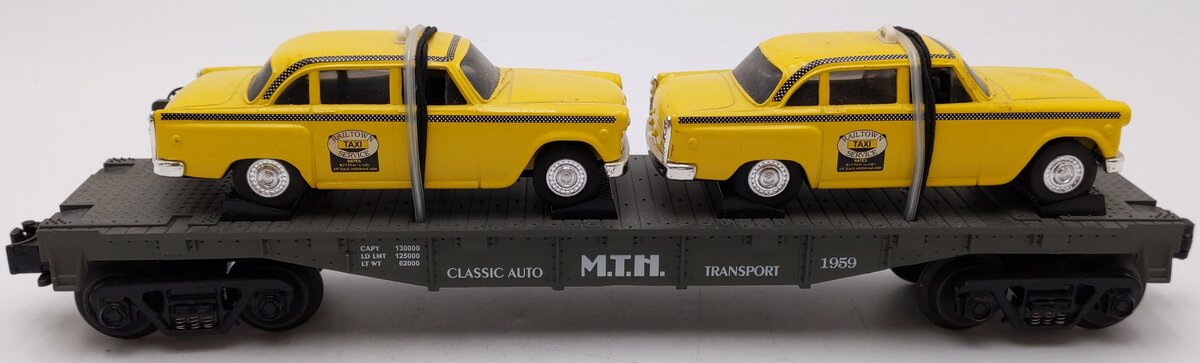 MTH 30-7625 O Gauge MTH Auto Transport Flatcar w/ Ertl Checker Cabs #1959 EX
