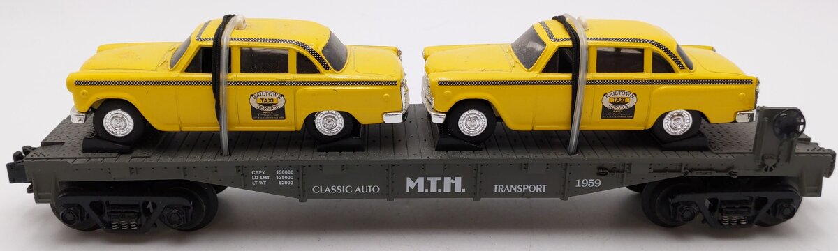 MTH 30-7625 O Gauge MTH Auto Transport Flatcar w/ Ertl Checker Cabs #1959 EX