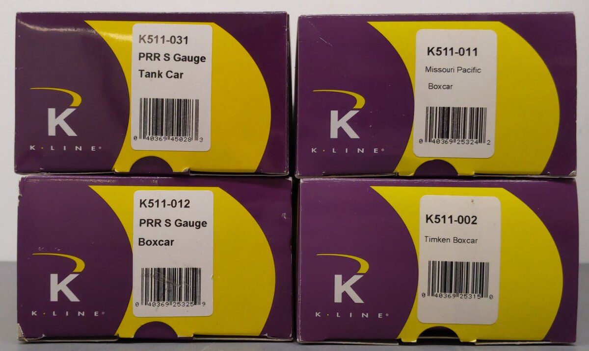 K-Line S Gauge Assorted Freight Cars: #24033, #511002, #24080, #511031 [4] LN/Box