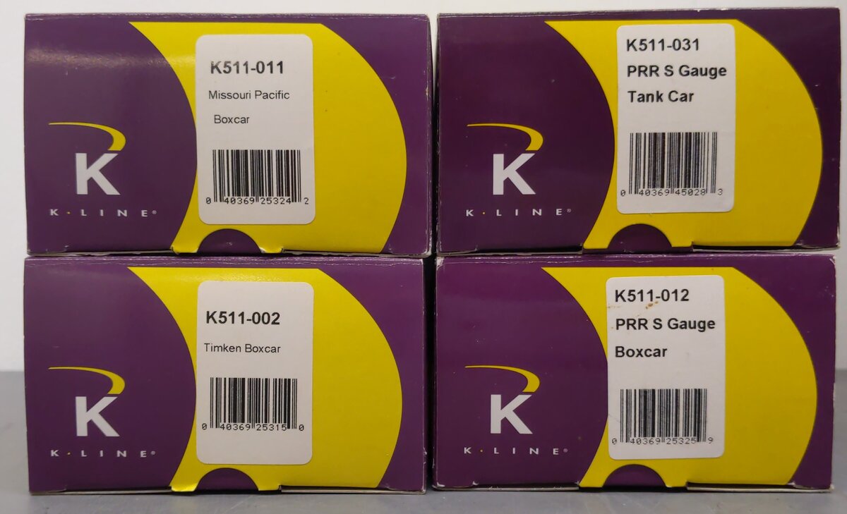 K-Line S Gauge Assorted Freight Cars: #24033, #511002, #24080, #511031 [4] LN/Box