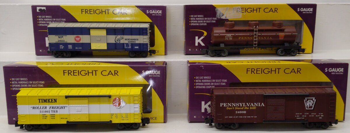 K-Line S Gauge Assorted Freight Cars: #24033, #511002, #24080, #511031 [4] LN/Box
