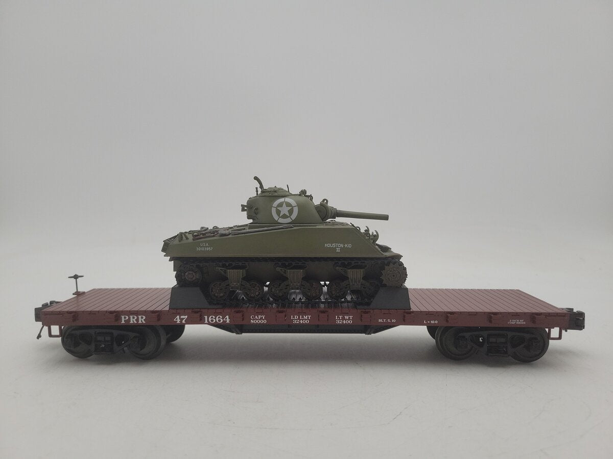 MTH 20-90549G O Gauge Pennsylvania 50-Ton Wood Flat Car w/ 1 Sherman Tank EX