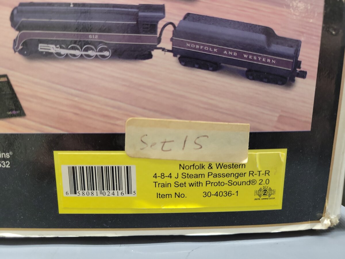 MTH 30-4036-1 O Gauge N&W 4-8-4 J Bantam Steam Passenger Train Set w/PS2 #612 EX/Box