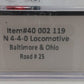 Atlas 40002119 N Baltimore & Ohio 4-4-0 American Steam Locomotive #25 EX/Box
