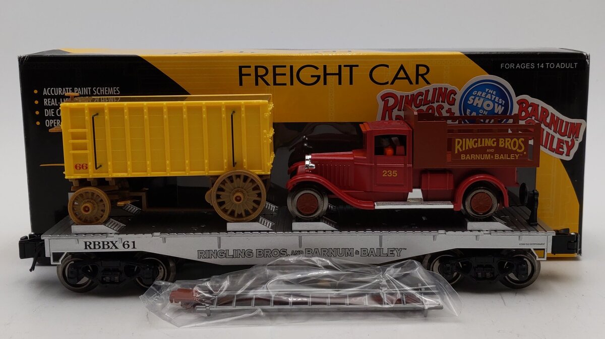 K-Line 6-22235 Ringling Bros. Flat Car W/ Pole Wagon & SuperStreets Truck VG/Box