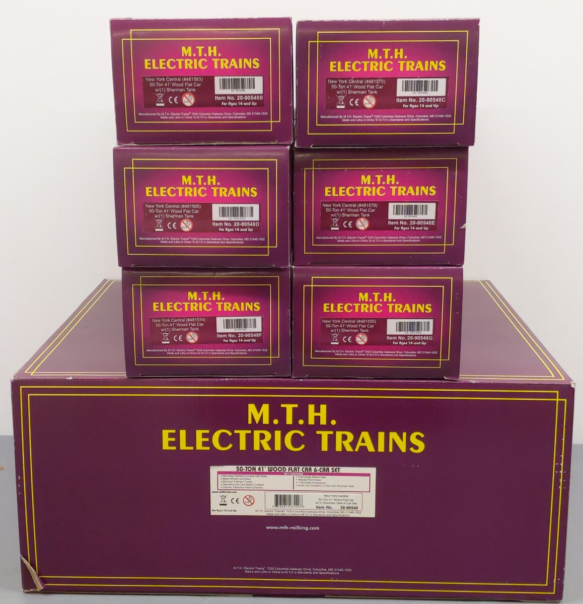 MTH 20-90548 O Gauge New York Central 6-Car 50-Ton 41' Wood Flat Car Set EX/Box