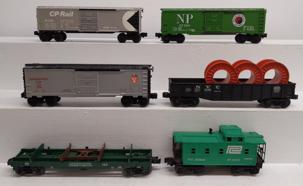 Lionel O Gauge Assorted Freight Cars: #116, #9062, #9204, #9442, #9730 [6] EX