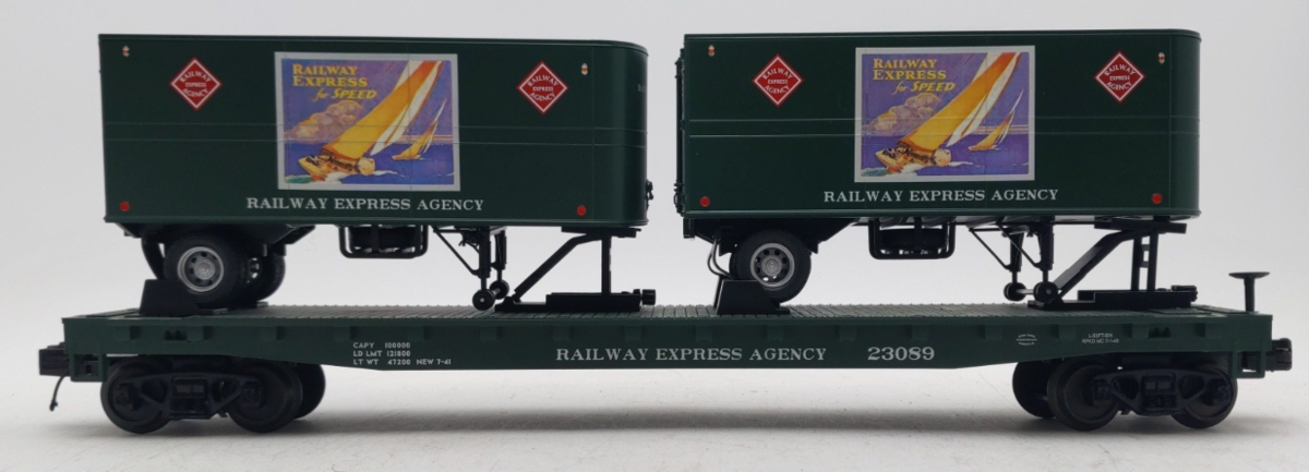 MTH 20-98599 O Gauge Railway Express Agency Flat Car #23089 w/ 2 PUP Trailers EX