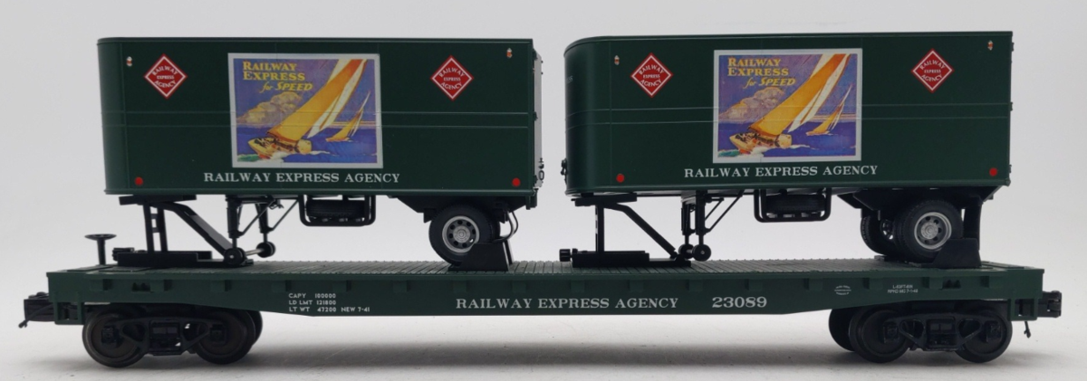 MTH 20-98599 O Gauge Railway Express Agency Flat Car #23089 w/ 2 PUP Trailers EX