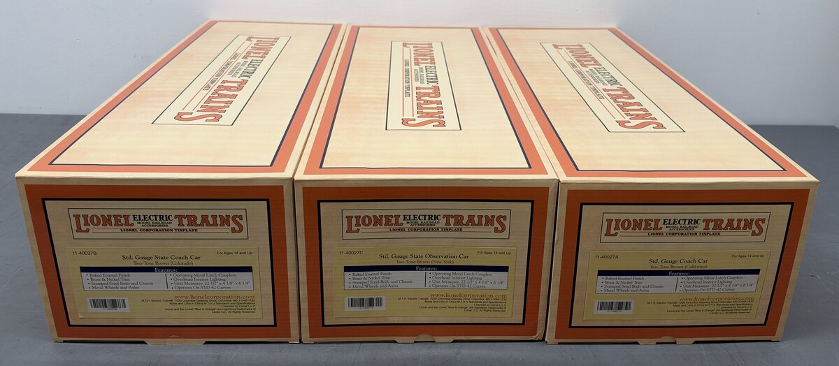 MTH 11-40027 St. Gauge Two-Tone Brown State Passenger 3 Car Set EX/Box