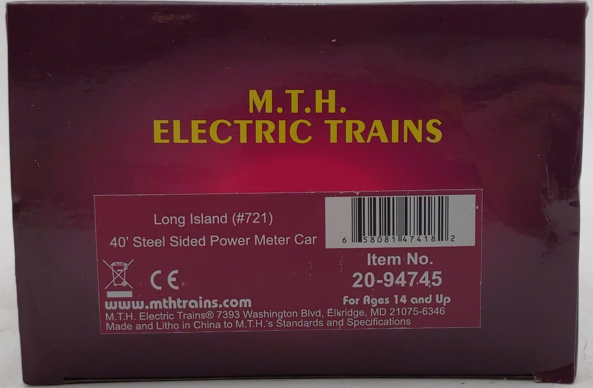 MTH 20-94745 O Gauge Long Island 40' Steel Sided Power Meter Car #721 EX/Box