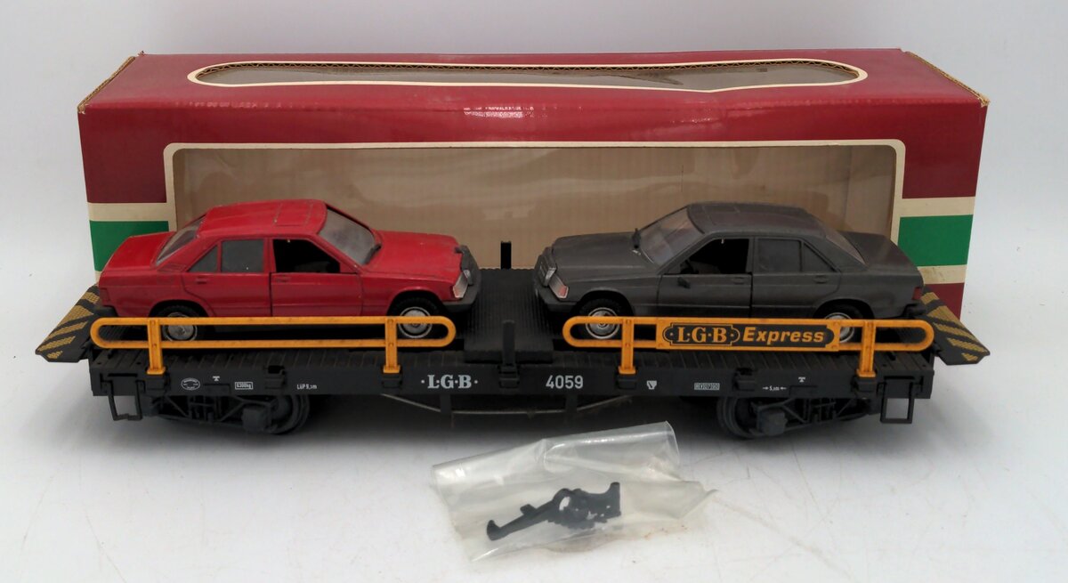 LGB 4059 G Scale Flatcar w/ 2 Mercedes Automobiles #4059 EX/Box