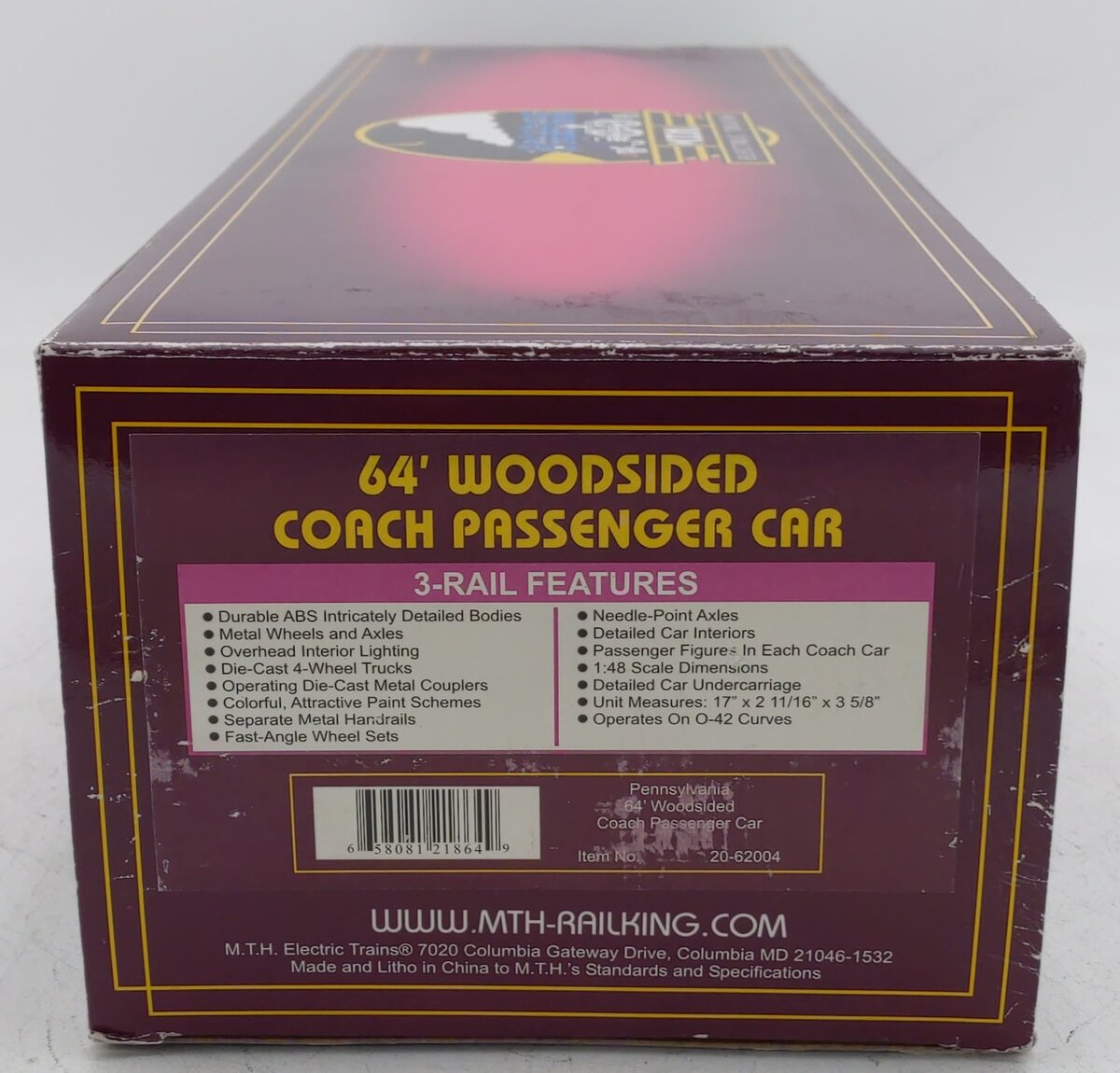 MTH 20-62004 O Gauge Pennsylvania 64' Woodsided Coach Car EX/Box