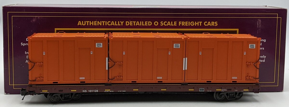 MTH 20-95260 O Norfolk Southern 60' Flat Car w/ Trash Containers #101128 VG/Box