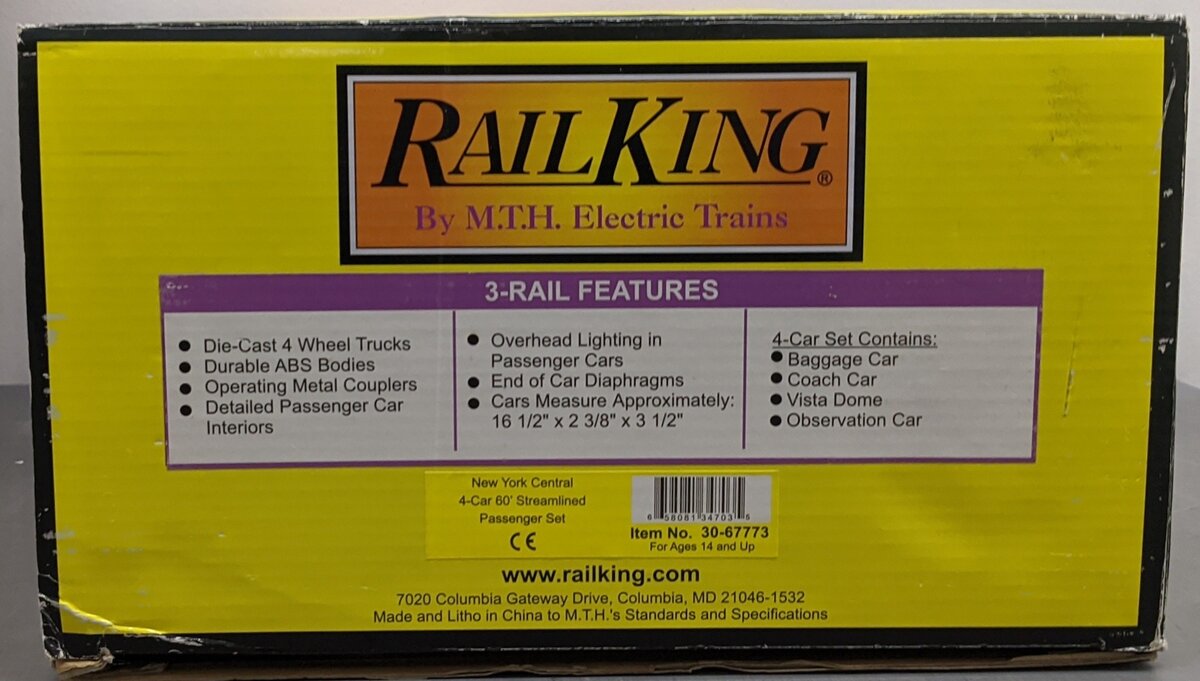 MTH 30-67773 O-27 New York Central 60' Streamline Passenger Car NYC Set (4) VG/Box