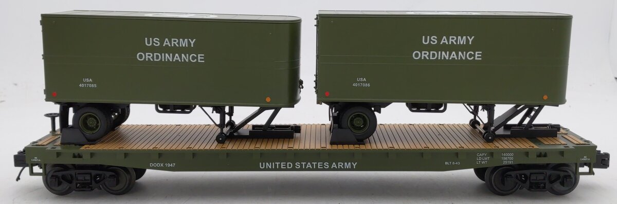 MTH 20-95330 O Gauge U.S. Army Flatcar w/ 2 PUP Trailers #1947 EX/Box