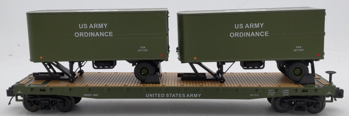 MTH 20-95330 O Gauge U.S. Army Flatcar w/ 2 PUP Trailers #1947 EX/Box