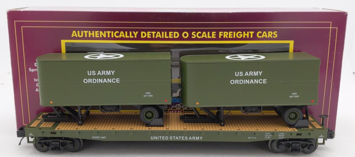 MTH 20-95330 O Gauge U.S. Army Flatcar w/ 2 PUP Trailers #1947 EX/Box