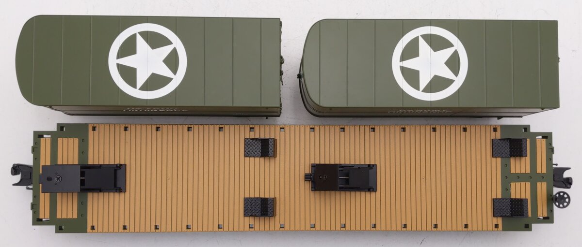 MTH 20-95330 O Gauge U.S. Army Flatcar w/ 2 PUP Trailers #1947 EX/Box