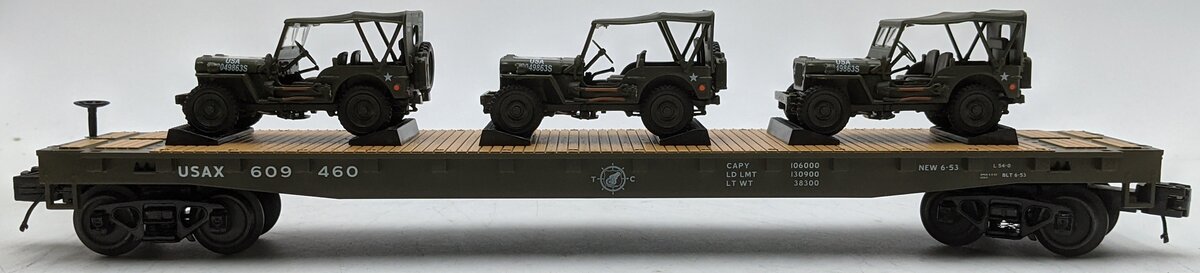 MTH 20-95425 O U.S. Army Flatcar w/(3) Military Transport Vehicles #609460 LN/Box