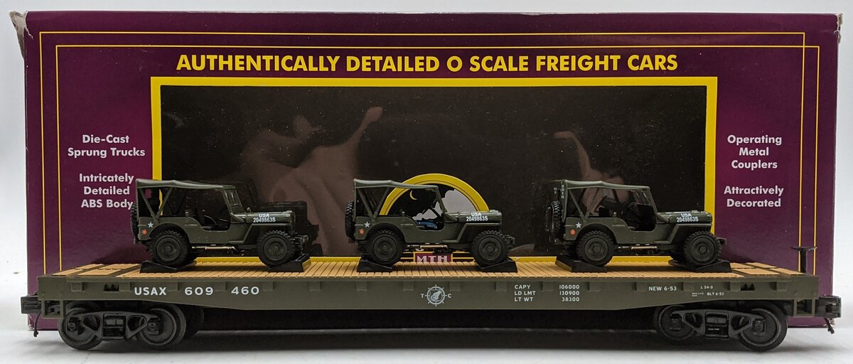MTH 20-95425 O U.S. Army Flatcar w/ (3) Military Transport Vehicles #609460 LN/Box