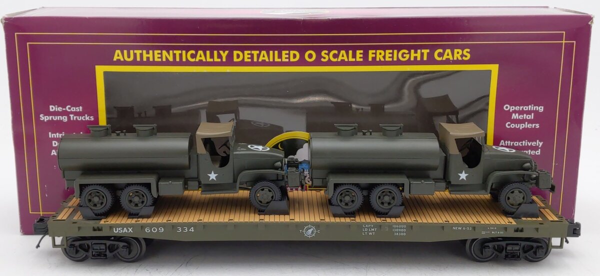 MTH 20-95399 O U.S. Army Flatcar with GMC 353 6x6 Tank Truck #609334 LN/Box