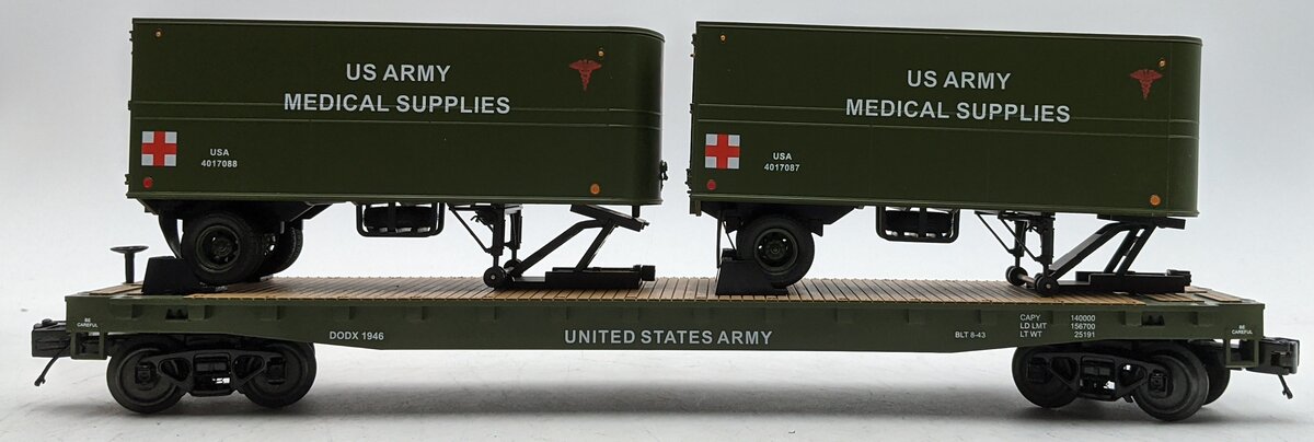 MTH 20-95331 O U.S. Army #1946 Flatcar w/ 2 PUP Trailers LN/Box