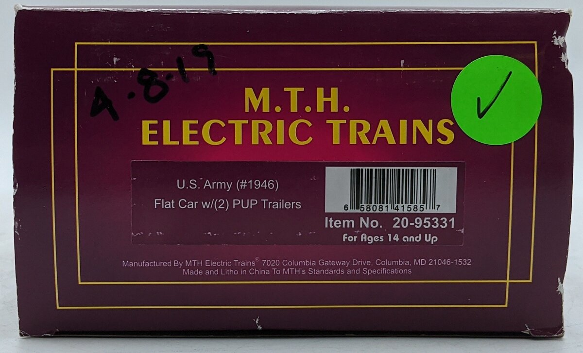 MTH 20-95331 O U.S. Army #1946 Flatcar w/ 2 PUP Trailers LN/Box