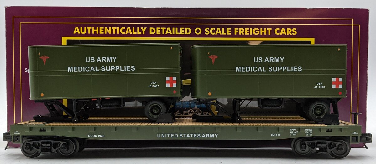 MTH 20-95331 O U.S. Army #1946 Flatcar w/ 2 PUP Trailers LN/Box
