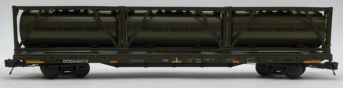 MTH 20-95291 O Gauge U.S. Army 60' Flat Car with 3 Tank Containers #40571 LN/Box