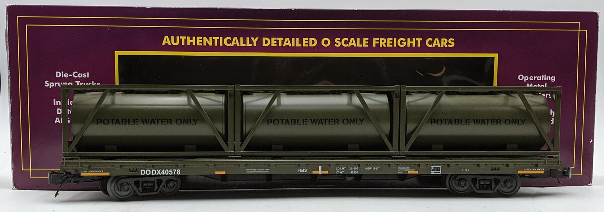 MTH 20-95291 O Gauge U.S. Army 60' Flat Car with 3 Tank Containers #40571 LN/Box