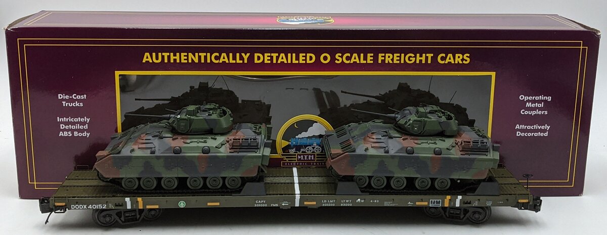 MTH 20-95426 O U.S. Army 60' Flat Car w/(2) Bradley Fighting Vehicles #40152 VG/Box