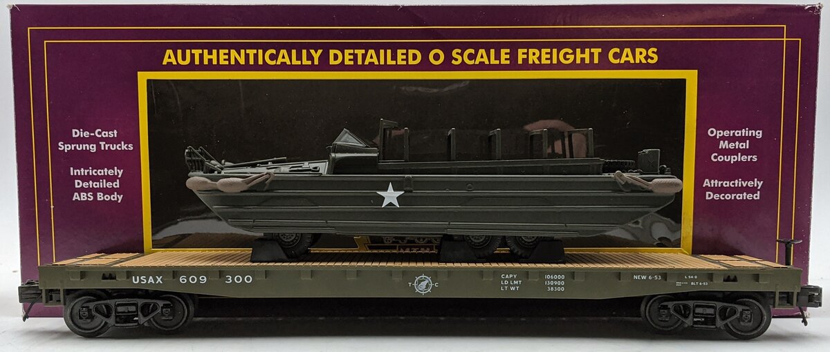 MTH 20-95400 O U.S. Army Premier Flatcar with GMC DUKW 353 #609300 VG/Box