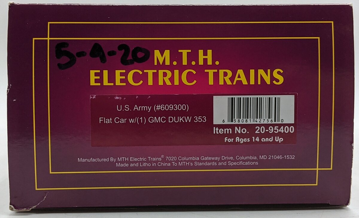 MTH 20-95400 O U.S. Army Premier Flatcar with GMC DUKW 353 #609300 VG/Box