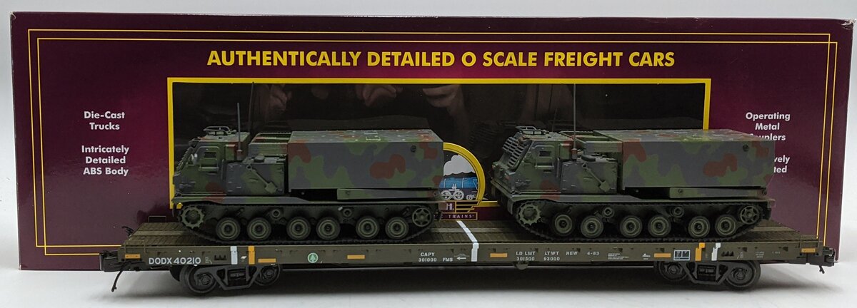 MTH 20-95468 O US Army 60' Flatcar with 2 M270 Rocket Launcher Vehicles #40210 EX/Box