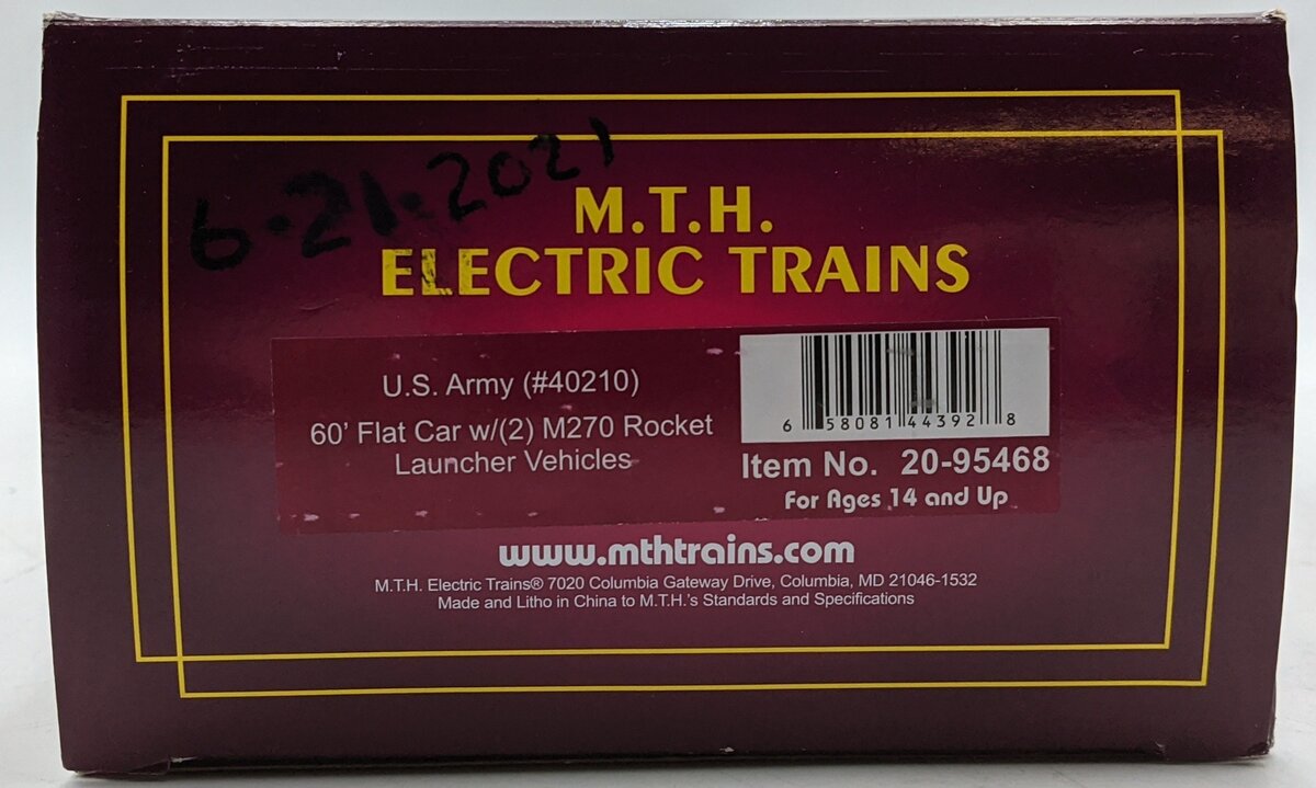 MTH 20-95468 O US Army 60' Flatcar with 2 M270 Rocket Launcher Vehicles #40210 EX/Box