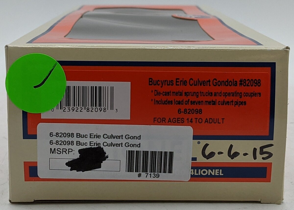 Lionel 6-82098 O Gauge Bucyrus Erie Culvert Gondola #82098 EX/Box