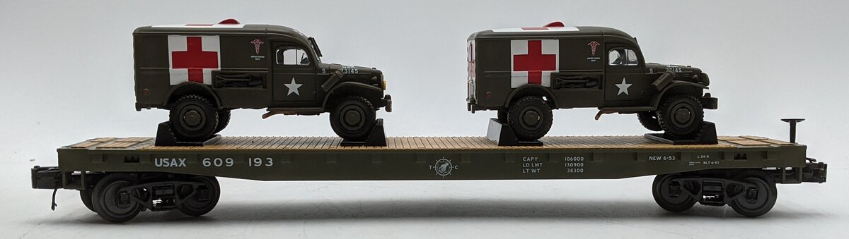 MTH 20-92149E O Gauge U.S Army Flat Car w/ Two Ambulances #609193 EX/Box