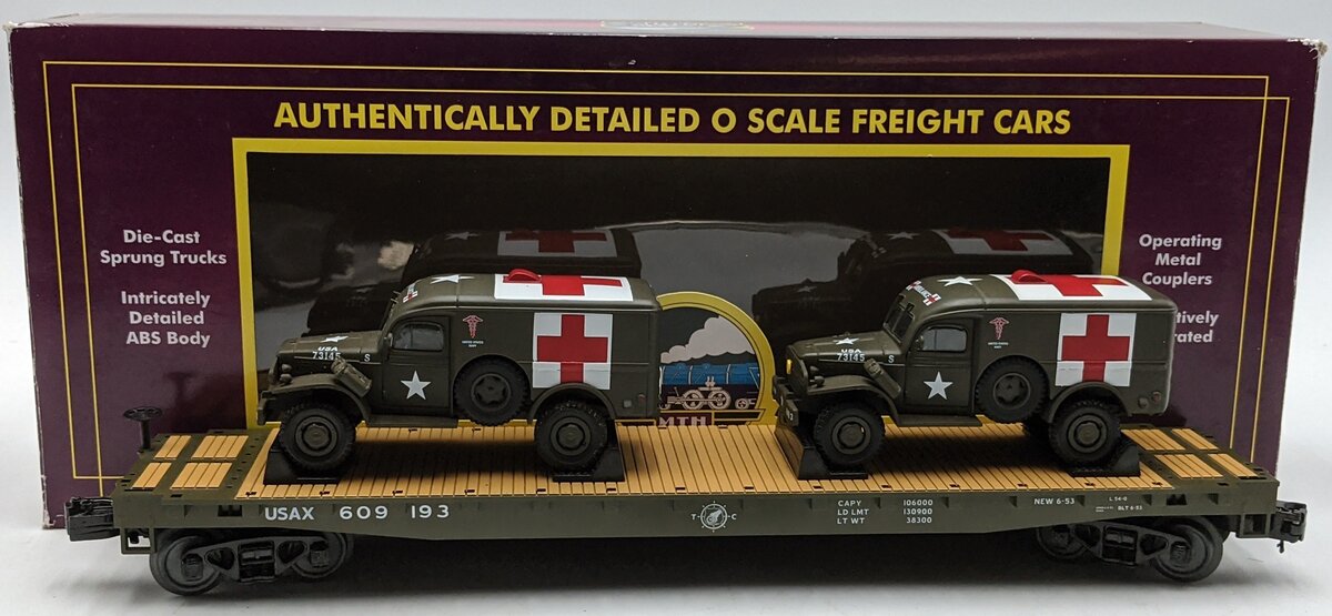 MTH 20-92149E O Gauge U.S Army Flat Car w/ Two Ambulances #609193 EX/Box